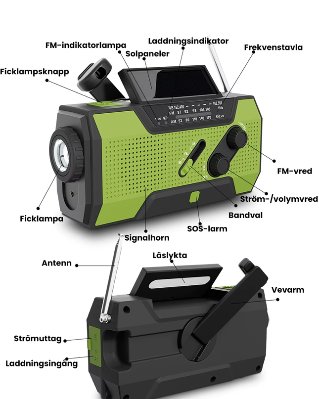 Multifunktionell Nödradio Solar Handvev Powerbank